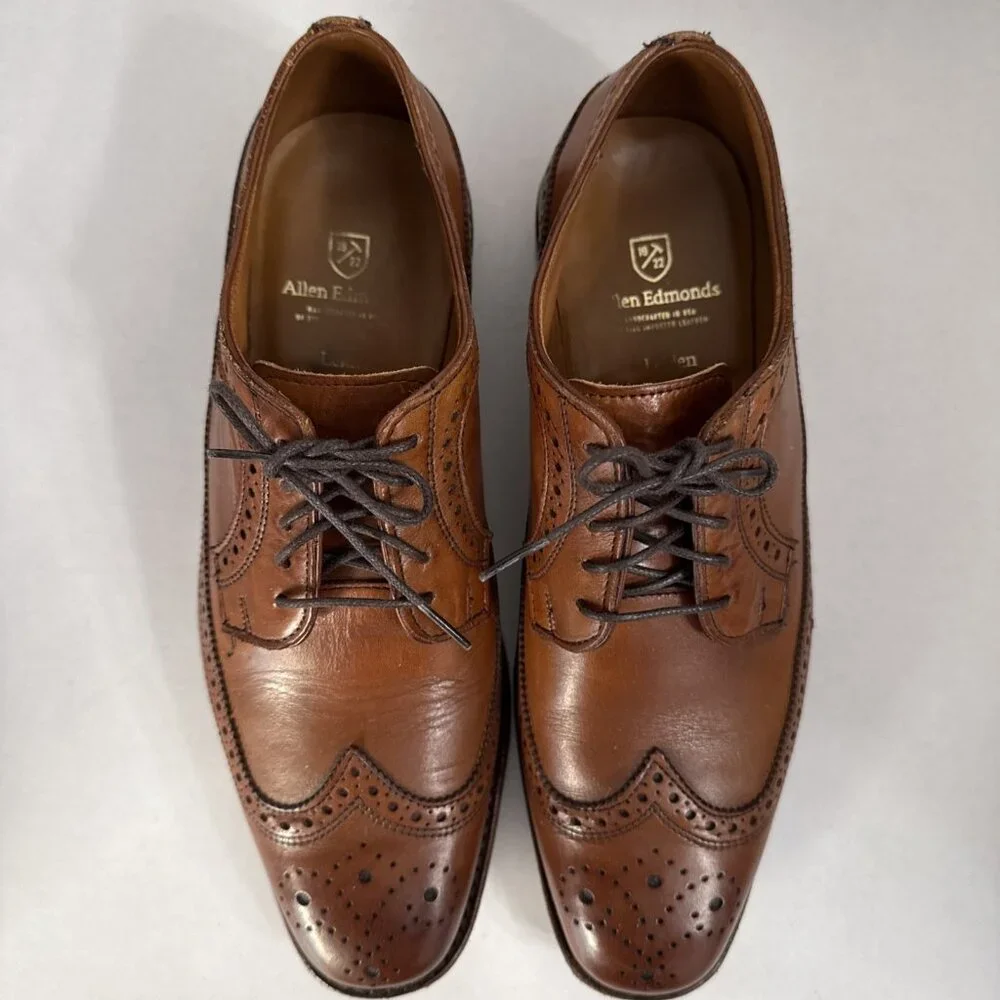 Allen Edmonds Leiden Men's Leather Shoes 9D Wingtip‎ Oxford USA Brown Lace Up